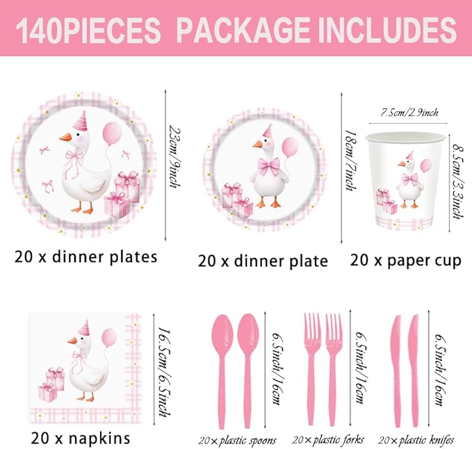 140pcs Pink Pet Duck Birthday Decorations Supplies, Disposable Paper Dinnerware Set Paper Plates Napkins Cups Set for 20 Guests Duck