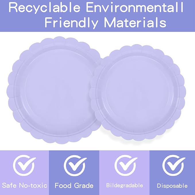 140 Pcs Lavender Paper Plates and Napkins, Light Purple Party Supplies Include Scalloped Lavender Plates Napkin Cup Plastic Cutlery for Garden Party, Baby Shower, Wedding, Birthday