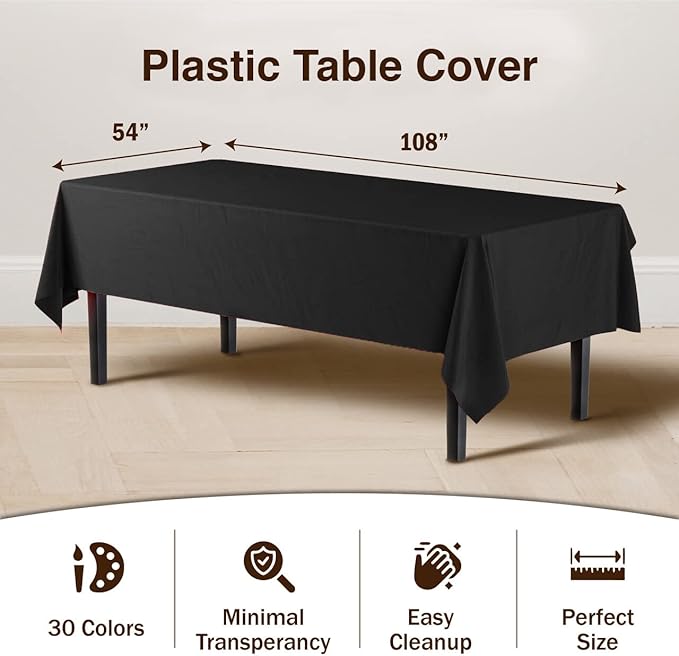 Party Solids 6-Pack Premium Plastic Tablecloth 54in. x 108in. Rectangle Plastic Table Cover - Black
