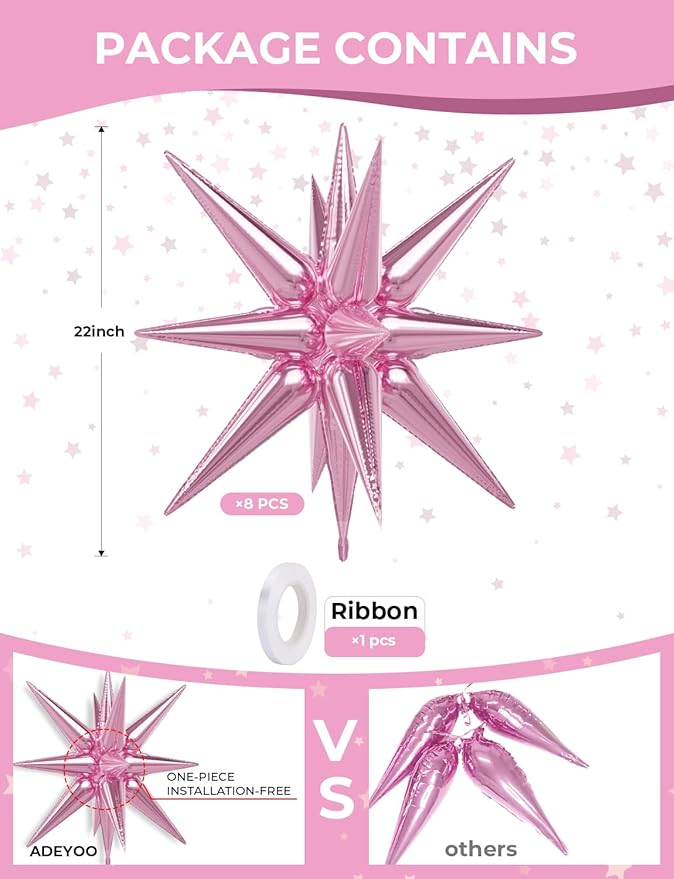 Star Balloons,8 Pcs Pink Foil Balloons One-Piece 14-pointed Spiky Balloon Large Explosion Star Balloon for Girl Birthday Wedding Princess Christmas Party Decorations, Backdrops
