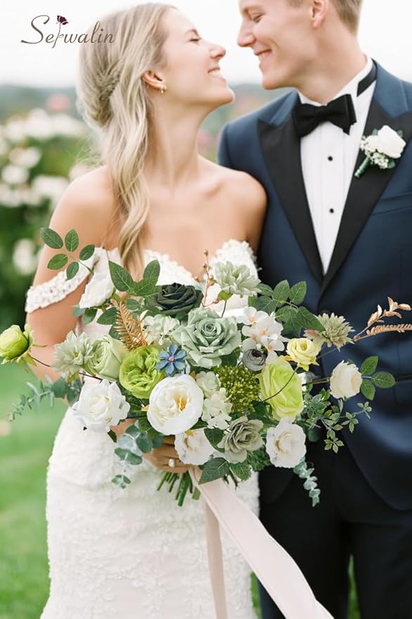 Serwalin Artificial Silk Flowers Green, Fake Flowers Stems for DIY Wedding Bouquets, Baby Shower Centerpieces, Cake Decor, Birthday Party & Home Decor