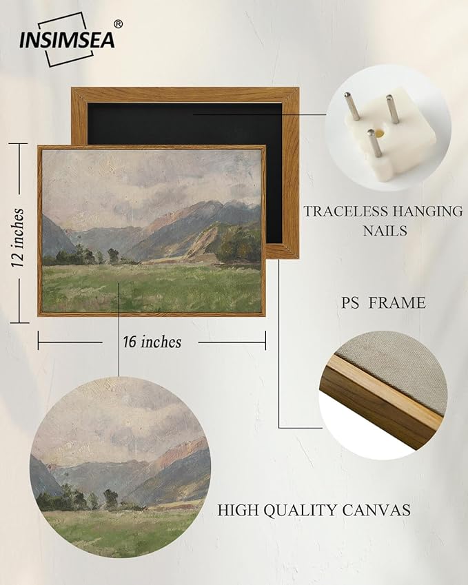 InSimSea Framed Canvas Wall Art Vintage Decor, Retro Landscape Canvas Wall Art, Wild Field Pictures for Bathroom Wall Decor, Wall Decorations for Living Room, Dining Room Decor, 12"x16"