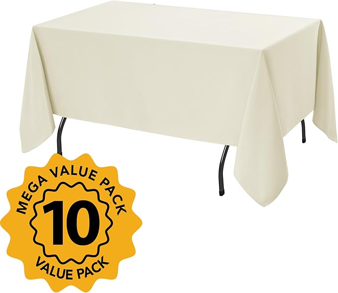 10-Pack Ivory Tablecloths for Rectangle Tables, 60 x 120 Inches, Stain-Resistant Polyester Fabric for 6 Foot Tables - Washable Table Covers for Weddings, Banquets, Birthday Parties, Events