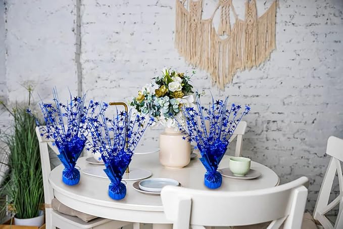 6 Pack Metallic Foil Spray Centerpiece Star Table Decoration Burst Glitter Tabletop Centerpieces for Birthday Christmas New Years Nye Wedding Graduation Holiday Party Supplies Decor, Blue