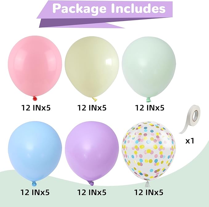 Pastel Balloons 12 Inch Macaron Pink Blue Green Purple Yellow Pastel Rainbow Latex Balloon with Colorful Confetti Party Balloons for Easter Birthday Baby Shower Bridal Wedding Party Decoration