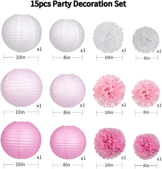 15Pcs Party Pack Paper Lanterns and Pom Pom Balls Hanging Decoration for Wedding Birthday Baby Shower-Pink/White