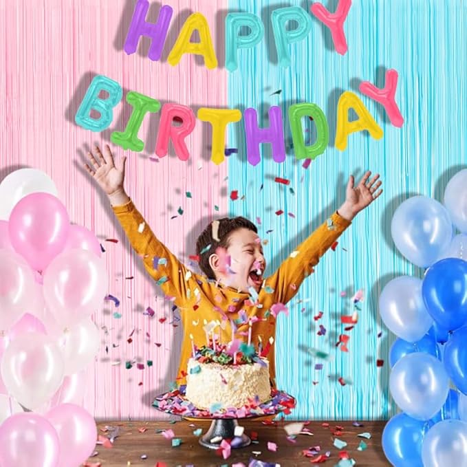 BRAVESHINE Tinsel Photo Backdrop Curtains - 2 Pack 3.2x8.2ft Pastel Pink Blue Foil Fringe Streamer Curtain for Christmas/Boy or Girl Birthdays/Mermaid/Candy/Donuts/Easter/Engagement Party Decorations