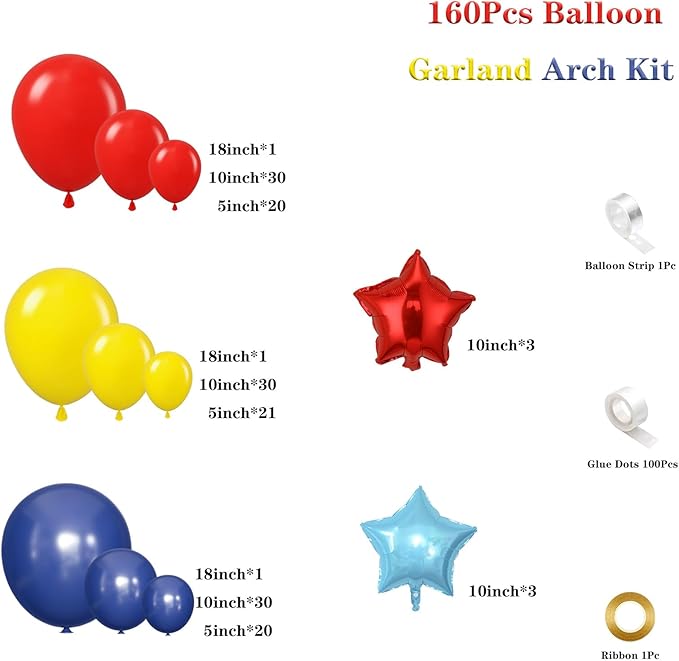 Red Yellow Blue Balloon Garland Arch Kit, 160Pcs Red Yellow Blue Latex Balloons with Star Foil Balloons for Baby Shower Bridal Shower Gender Reveal Birthday Party Decorations