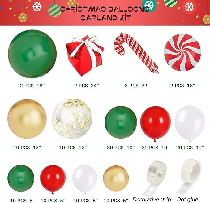 Christmas Balloon Garland Arch Kit,Xmas Holiday Balloons Red Green White Gold Confetti Balloons with Candy Cane Box Foil Balloon for Christmas Party Birthday Xmas Party Decorations
