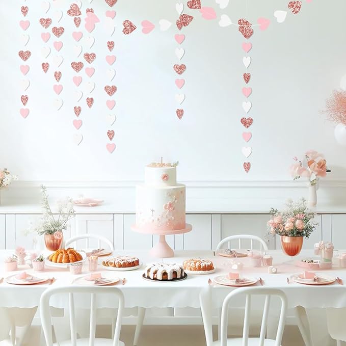 Rose-Gold Pink White Party Decorations - 52Ft Paper Streamers Women Girl Birthday Garland Baby Bridal Shower Banner Bachelorette Engagement Wedding Mothers Day Valentines Galentines Decor HongTongTong