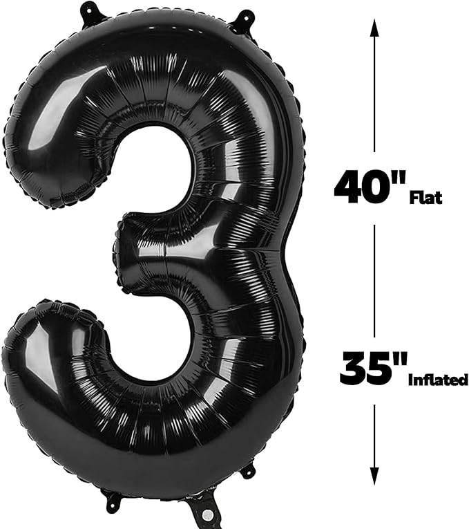 40 Inch Black 3 Large Number Balloon, 3 13 23 30 33 36 38 Black Birthday Party Decorations, Numbers Three Foil Balloons for Anniversary Graduations Celebration Supplies