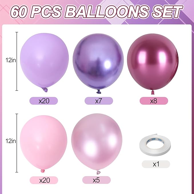 Pink and Purple Balloons, 60 PCS 12 Inch Metallic Purple and Pink Latex Balloons for Girls Princess Birthday Baby Shower Wedding Party Decorations