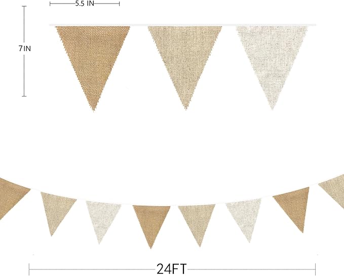 24Ft Burlap Banner Burlap Triangle Pennant Flag Linen Bunting Garland Streamers for Birthday Wedding Baby Shower Engagement Camping Rustic Boho Spring Easter Holidays Graduation Party Decorations