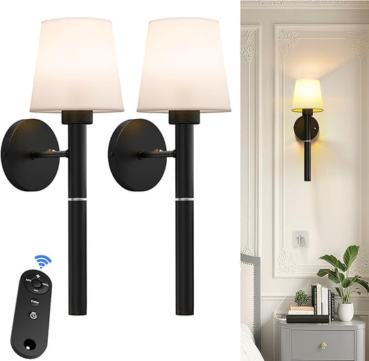 Rechargeable Wall Sconce Set of 2, Black Battery Operated Wall Sconce with Magnetic Rechargeable 5200mAh Battery Stick Dimmable and Remote, 3 Colors Wireless Lighting for Bedroom Hallway