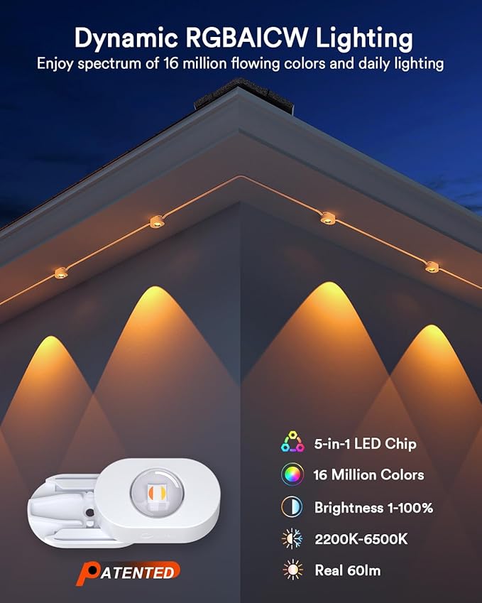 Lumary Smart Permanent Outdoor Lights 2 with Remote & Slide-Base, 50ft with 30 RGBAICW LEDs 1800lm for Daily & Accent Lighting, Work with Alexa Google, 110+ Scene for Halloween Christmas Decor, White