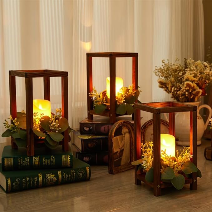 8 Set/24 Pcs Wooden Wedding Lantern Centerpiece Include 8 Wooden Lantern Candle Holder 8 Flameless LED Candle 8 Eucalyptus Leaves Wreath for Centerpieces Wedding Table Party Farmhouse Decor