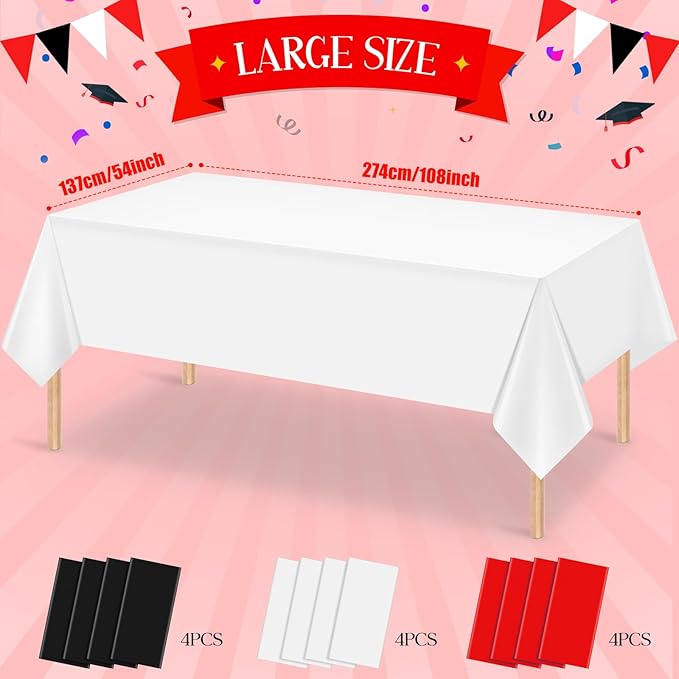 12 Pcs Red Black White Plastic Tablecloths Bulk,54 x 108 Inch Disposable Rectangle Party Table Cloth Waterproof Table Cover for Birthday Wedding Anniversary Graduation Party Decorations Supplies