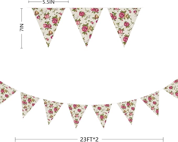 46Ft Vintage Floral Burlap Banner Flower Burlap Triangle Pennant Flag Linen Bunting Garland Streamers for Rustic Birthday Boho Wedding Baby Shower Engagement Camping Spring Easter Party Decorations