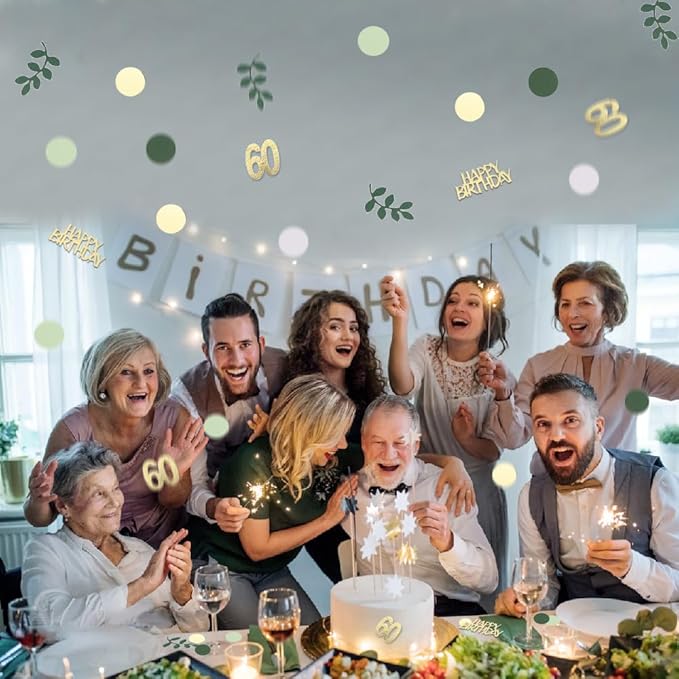 Sage Green 60th Happy Birthday Confetti, 60th Birthday Table Decorations Scatter Green Gold Foil Cake Confetti Decorations for 60 Bday Woman Men Party Decor 230 Pcs