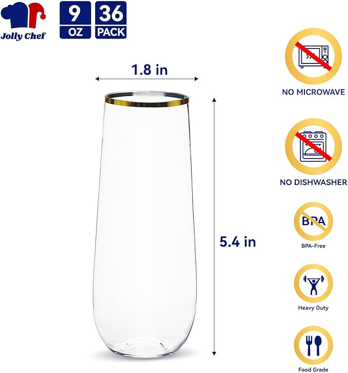 JOLLY CHEF 36 Pack 9 Oz Plastic Champagne Flutes, Gold Stemless Plastic Toasting Glasses| Shatterproof | Heavy Duty | Plastic Disposable Unbreakable Drinkware for Wedding, Party, Thanskgiving