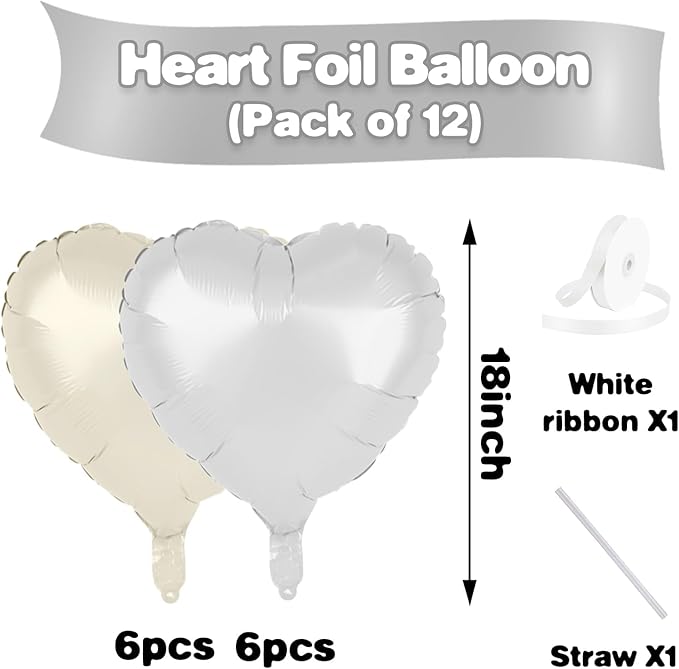 Cream White Heart Balloons,12Pcs 18 Inch Beige Helium Foil Love Heart Shaped Balloons for Boho Wedding Engagement Party Gender Reveal Anniversary Birthday Baby Shower Valentines Day Decorations