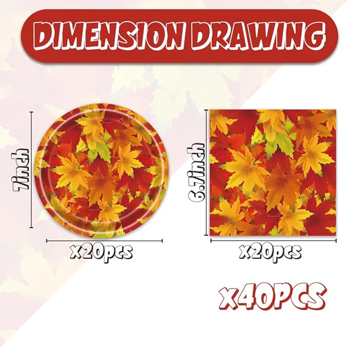 Egami 40pcs Thanksgiving Party Supplies,include 20 Dessert plate and 20 Napkin,Thanksgiving Party Plate Napkin Set，Used for Maple Leaf Party Decoration