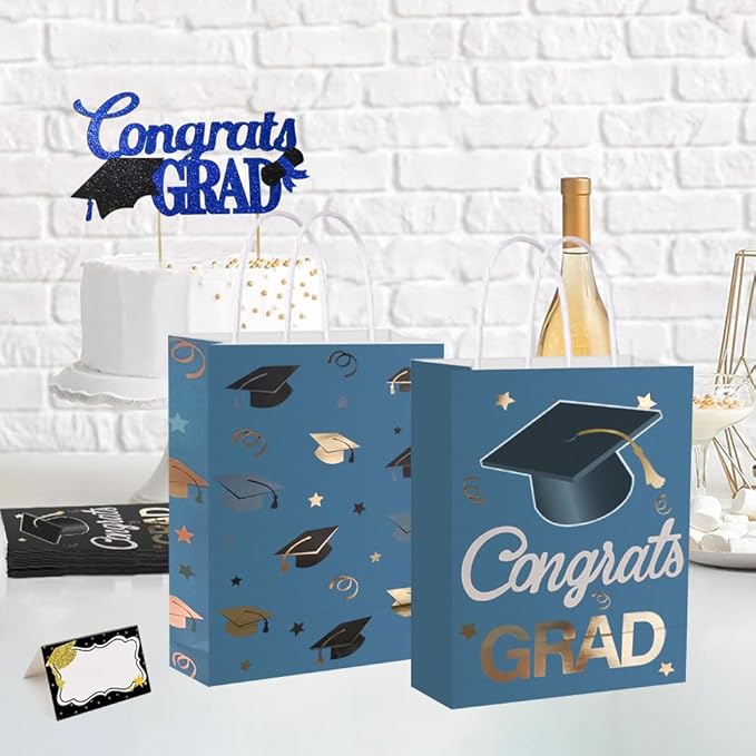 12 Pieces Graduate Gift Bags, Graduation Party Favor Gifts Wrapping Bags for Graduation Season Theme Party Supplies Decoration (Blue Gold)