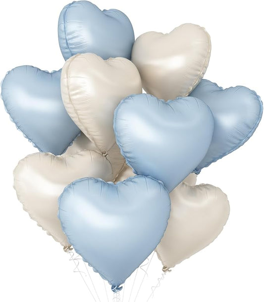 Baby Blue Heart Balloons,10Pcs Cream White Blue Foil Heart Shaped Balloons,18Inch Sand White Pastel Blue Helium Balloon for Valentines,Engagement,Birthday,Baby Shower,Wedding Party Decorations