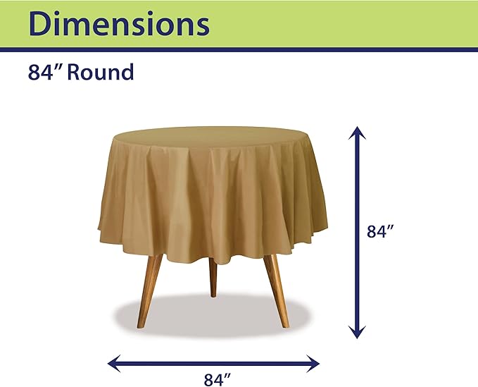 Party Dimensions Gold Disposable Plastic Tablecloth for Round Tables (12 Pack) 84 inches Table Cloths for Parties, Events & Weddings, Indoors & Outdoors, Plastic Table Cover