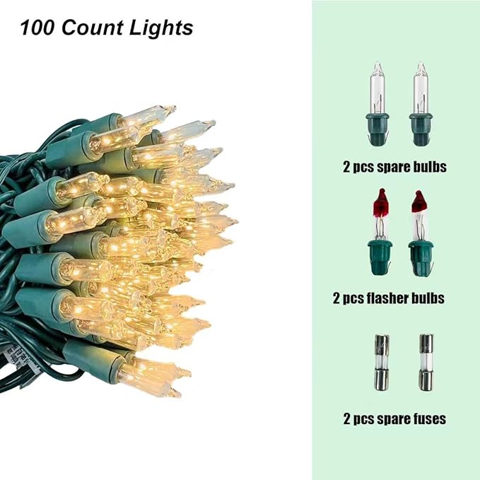 Christmas Lights 100 Counts, Indoor Outdoor,Green Wire Connectable of Lighting String Warm White,Decorations for Holiday, Party,Festival,Christmas String Lights (Green-Warm White)
