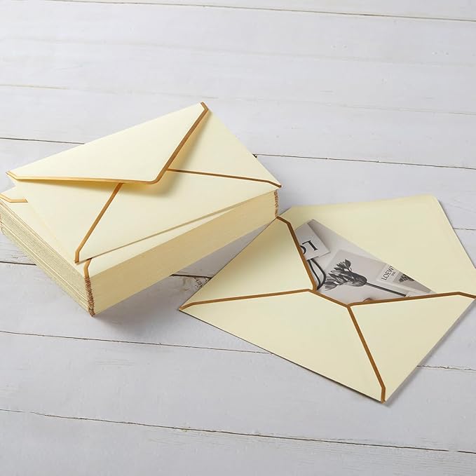 100 Pack A7 Envelopes 5 x 7 Card Envelopes V Flap with Gold Border for Office, Wedding Gift Cards, Invitations, Graduation, Baby Shower, Parties (Cream Color, 5.32 x 7.28 Inches)
