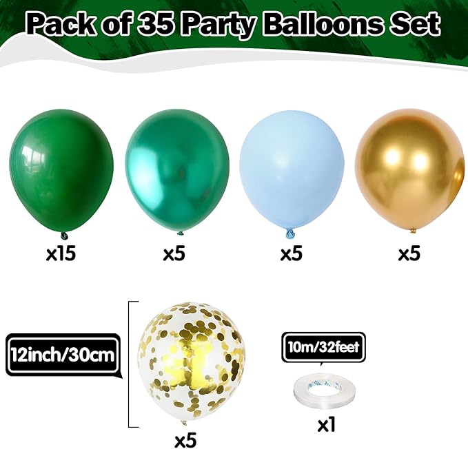 Green Balloons Set 12 Inch Dark Green Gold Balloons 35 Pcs Metallic Green Macaron Blue Balloons Set Jungle Safari Dinosaur Theme Balloon for Boys Men Wedding Baby Shower Birthday Party Decorations