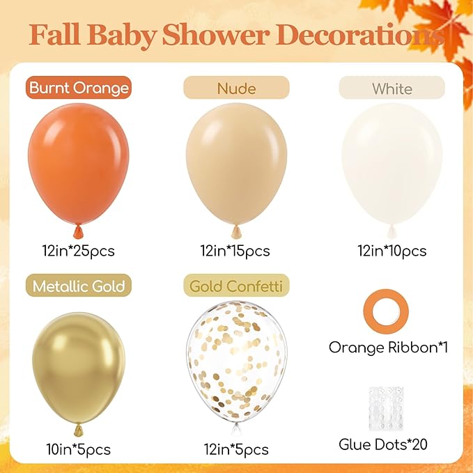 60pcs 12inch Fall Balloons Thanksgiving Balloons with Burnt Orange Nude White Metallic Gold Confetti Balloon for Autumn Birthday Little Pumpkin Wedding Fall Baby Shower Decorations