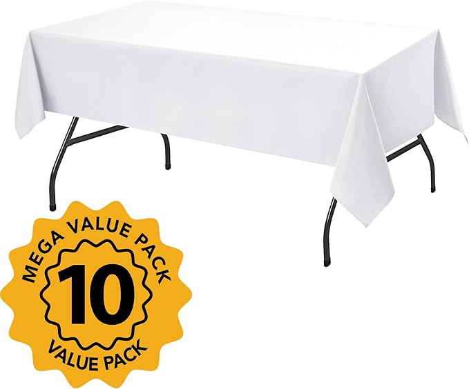 10-Pack White Tablecloths for Rectangle Tables, 54 x 108 Inches, Stain-Resistant Polyester Fabric for 6 Foot Tables - Washable Table Covers for Weddings, Banquets, Birthday Parties, Events