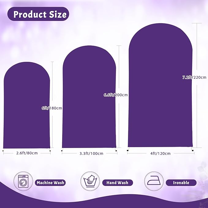(7.2FT, 6.6FT, 6FT) Wedding Arch Cover Set of 3 Puple Spandex Fitted Arch Cover for Round Top Chiara Backdrop Stand Covers for Birthday Party Banquet Photo Background Decoration