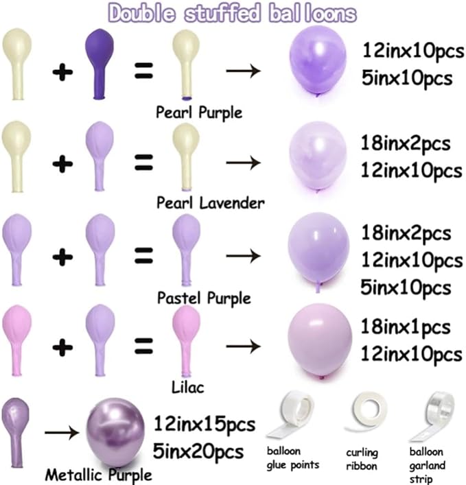 Pearl Purple Balloon Arch, Double Stuffed Light Pastel Purple Balloons Different Size Lavender Lilac Latex Balloon Garland Kit for Birthday Bridal Wedding Baby Shower Party Decorations
