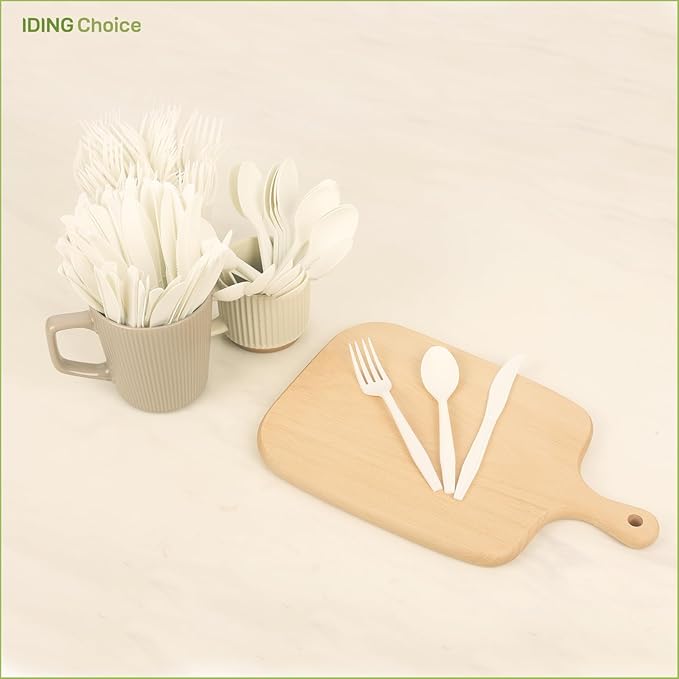 380 Count Heavy Duty Compostable Cutlery Set 140 plastic forks 120 spoons 120 knives eco-friendly no plastic silverware compostable utensils for Weddings, Parties, Office, Camping, Picnic