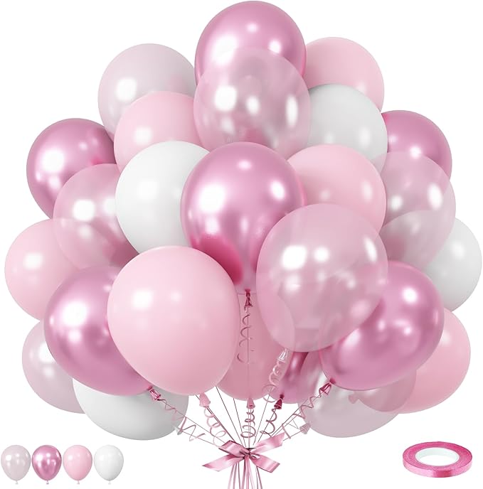 Pink Balloons Set, 12 Inch Metallic Light Baby Pink and White Balloon, Pearlpink Ivory Latex Balloons for Girls Women Birthday Baby Shower Wedding Valentine Bachelorette Easter Christmas Party Decor