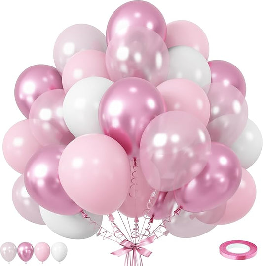 Pink Balloons Set, 12 Inch Metallic Light Baby Pink and White Balloon, Pearlpink Ivory Latex Balloons for Girls Women Birthday Baby Shower Wedding Valentine Bachelorette Easter Christmas Party Decor