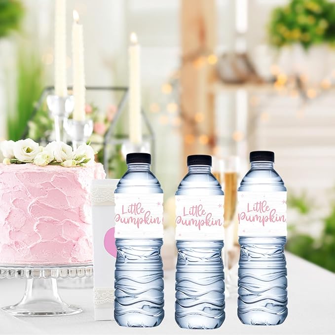 100Pcs Pink Little Pumpkin Girl Baby Shower Water Bottle Labels Waterproof Wrappers for Fall Baby Shower Decorations and Party Drink Stations