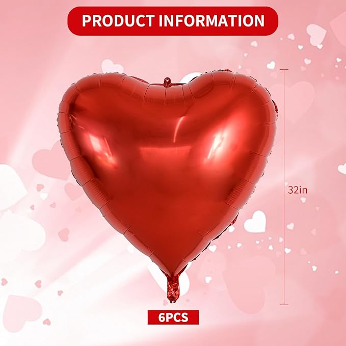 TONIFUL 6Pcs 32 Inch Red Heart Balloons Valentine’s Day Heart Shape Foil Mylar Balloons Decoration for Romantic Valentine's Day Wedding Bridal Shower Anniversary Engagement Party Supplies