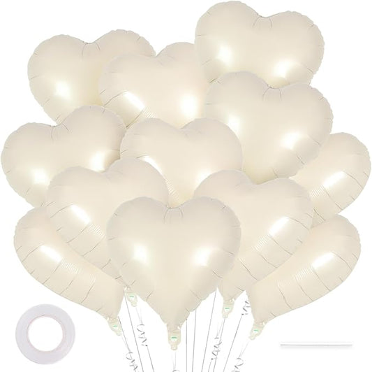 12 Pcs Cream Heart Balloons,18 Inch Cream White Heart Shape Foil Balloons Love Balloon Valentine Balloon for Birthday Party Wedding Engagement Party Baby Shower Valentine Day Decorations (cream)