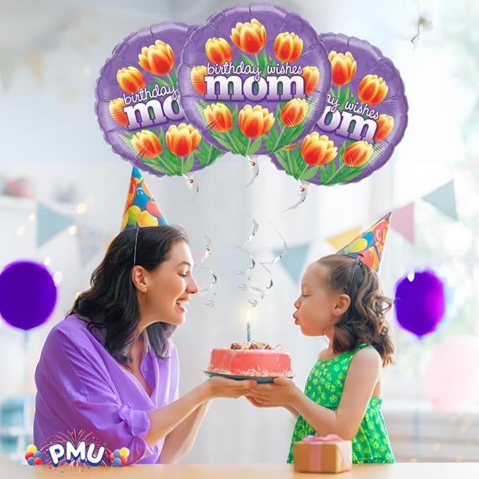 PMU Birthday Wishes Mom Tulips 18 Inch Mylar-Foil Balloon Pkg/10