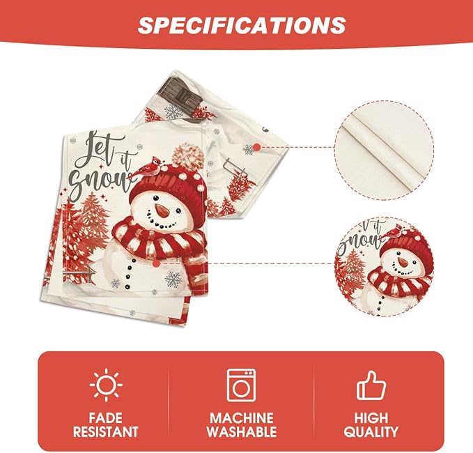 Artoid Mode Xmas Trees Let It Snow Red Snowman Christmas Table Runner, Seasonal Winter Holiday Kitchen Dining Table Decoration for Home Party Decor 13x36 Inch