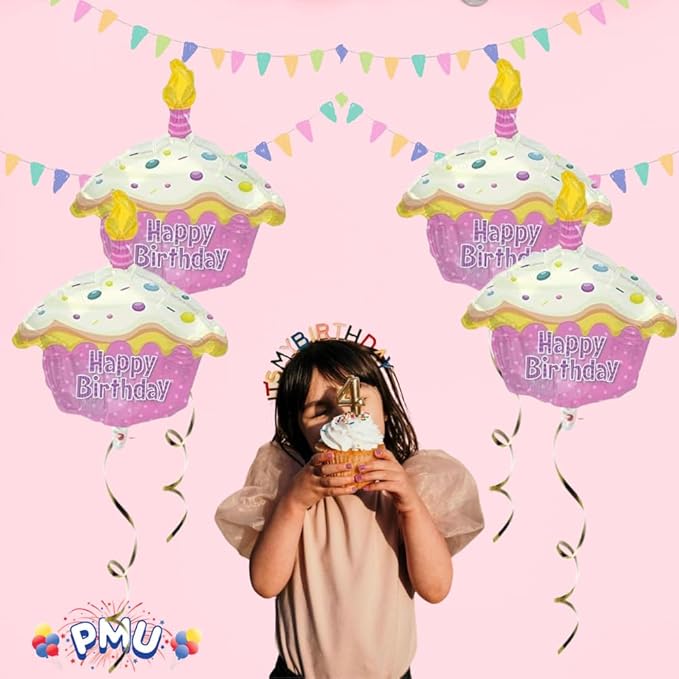 PMU Happy Birthday Pink Cupcake Shape 18 Inch Mylar-Foil Balloon Pkg/10