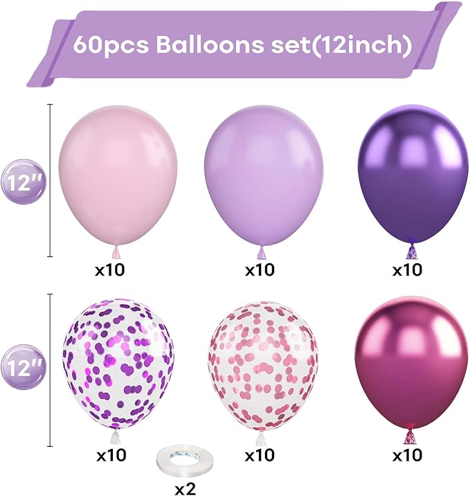 Togvu Purple Pink Balloons, 60 Packs 12 Inch Metallic Purple Pink Confetti Balloons, Lavender and Light Pink Latex Balloons with Ribbon for Girls Women Birthday Wedding Baby Shower Party Decoration