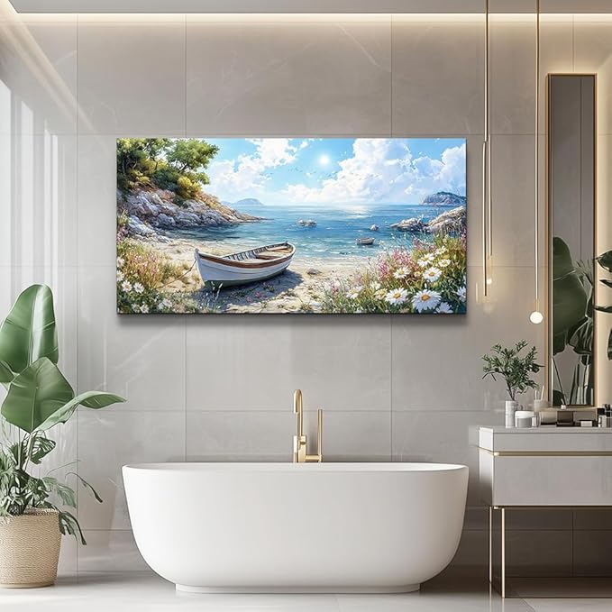ZUITINGHUA Large Wall Decor For Living Room Canvas Wall Art For Office Modern Wall Decorations For Bedroom Seaside Boat Landscape Painting Farmhouse Pictures Artwork Room Home Decor 24x48 In