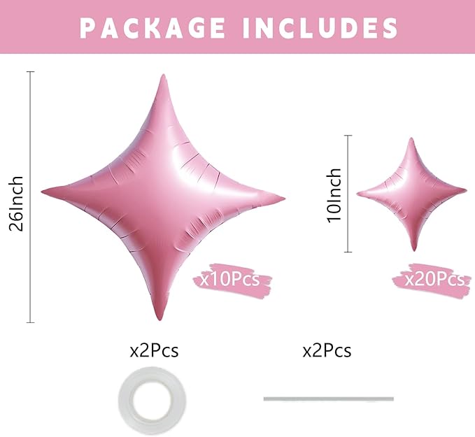TONIFUL 30Pcs 26In&10In Star Balloons Large Pink Four Pointed Star Shape Foil Balloons Mini Star Mylar Balloons for Birthday Wedding Baby Shower Anniversary Engagement Party Decorations Supplies