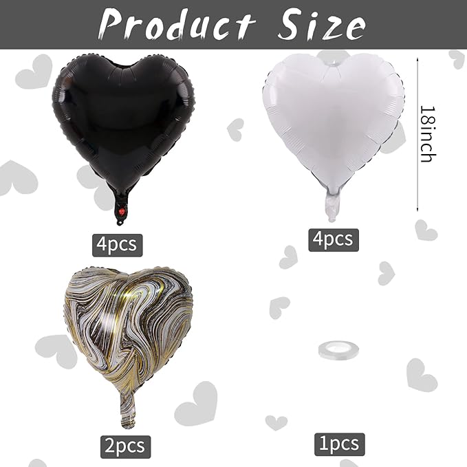 Black White Foil Heart Balloons, 10PCS Black White Agate Heart Shape Balloons, Valentines Balloons 18inch Black Foil Balloon for Helium Valentine Decorations for Wedding, Baby Shower, Anniversary
