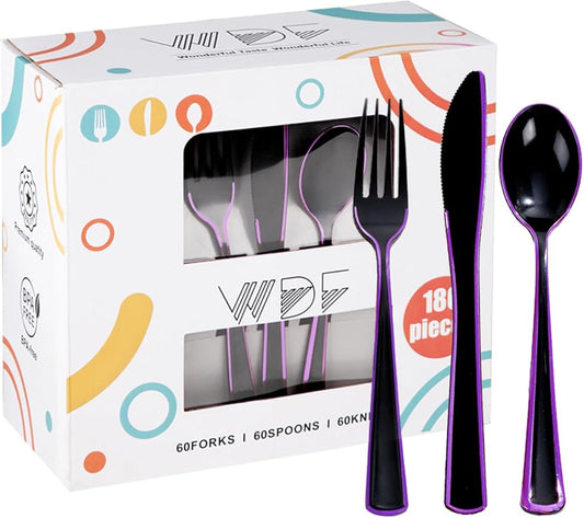 WDF 180 Pieces Black and Purple Halloween Plastic Silverware - Black Flatware Set Include 60 Forks, 60 Knives and 60 Spoons Heavy Duty Plastic Cutlery Purple Utensils for Halloween Party/Birthday